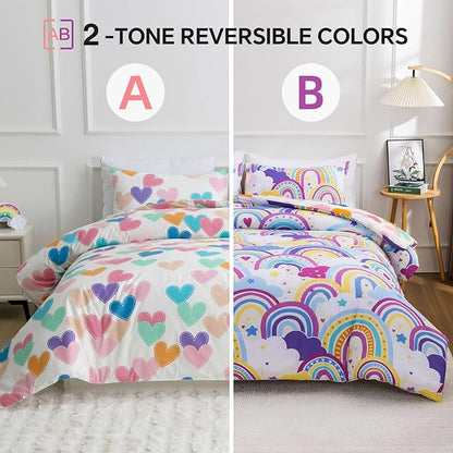 Btargot Lightweight Soft 3 Piece Rainbow Comforter Set with 2 Pillow Covers, Cartoon Love Hearts Flowers and Sun Star Bedding Set for Girls Boys Kids,Full Light Purple