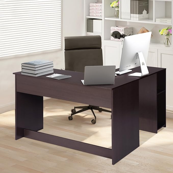 FurnitureR 47.2-Inch L-Shaped Computer Desk Home Office Study Writing Corner Gaming Table Retro Design Work Station Space-Saving for Study Room Bedroom, Brown