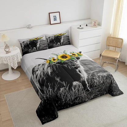 Highland Cow Comforter Set Twin Size Bull Cattle Flower Down Comforter Yellow Sunflower Western Funny Animal Cow Print Quilted Duvet Wild Animal Farmhouse Cow Bedding Comforters, with 1 Pillowcase