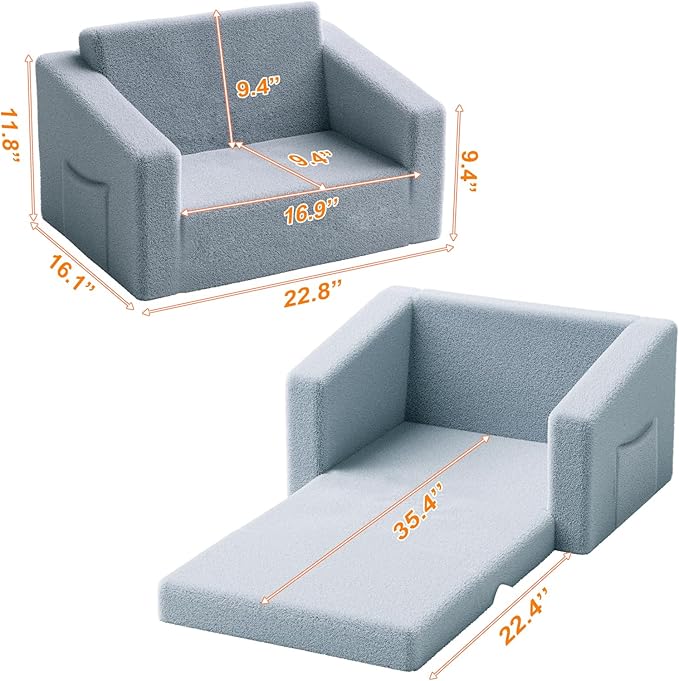 Kids Couch,2-in-1 Toddler Chairs for Boys,Kids Sofa with Storage,Comfortable Kids Sofa Bed,Fun Kids Lounge Chair,Toddler Furniture,Kids Playroom,Children'S Gifts (Grey)