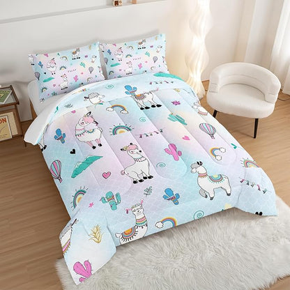 HOSIMA 3 Piece Cartoon Animal Llama Comforter,Cute Alpaca Toddler Comforter,Desert Cactus Plant King Size Comforter Set for Adults Kids,Fish Scales Comforter Rainbow Bedding Sets for Girls Boys.