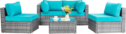 Shintenchi 5 Pieces Outdoor Patio Sectional Sofa Couch, Silver Gray PE Wicker Furniture Conversation Sets with Washable Cushions & Glass Coffee Table for Garden, Poolside, Backyard (Blue)