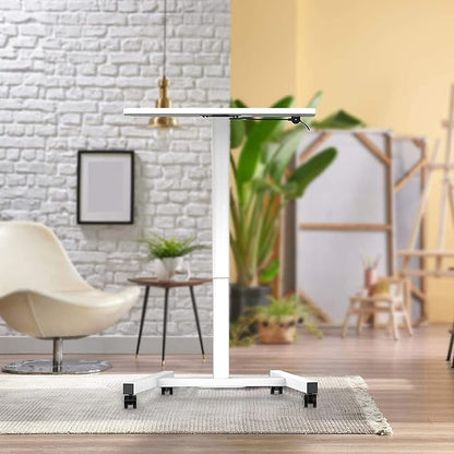 Rolling Desk with Adjustable Height, Sit-to-Stand Desk with Lockable Wheels, 28-Inch Rolling Standing Mobile Desk Cart for Home Office Classroom (White)