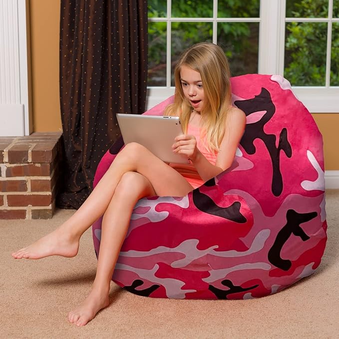 Posh Creations Bean Bag Chair for Kids, Teens, and Adults Includes Removable and Machine Washable Cover, Soft Nylon - Camo Pink and Black, 48in - X-Large
