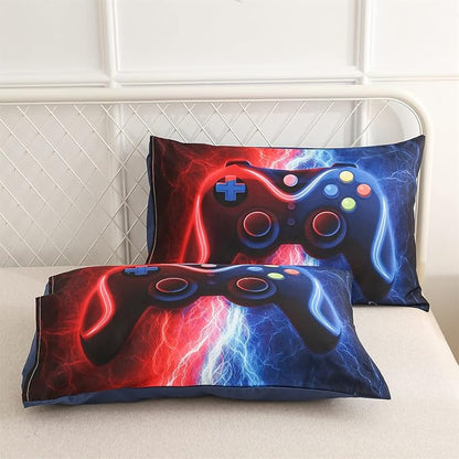 Meeting Story Gamer Gaming Bedding Sets Tie Dye Lightnings Gamepad Comforter Set for Boys Games Console Action Buttons Novelty Colorful Modern Room Decor Home Quilt Set (Queen, Red-Blue)