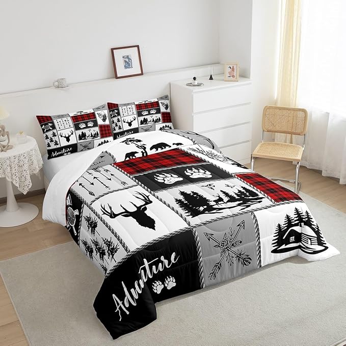 Deer Antlers Comforter Set Full Size,Bear Paws Pine Trees Xmas Bedding Set for Kids Boys Girls Adults Room Decor,Lattices Patchwork Rustic Farmhouse Down Comforter,Red Duvet Insert,2 Pillowcases