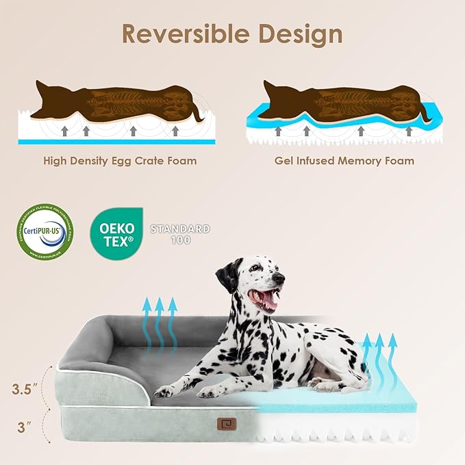 EHEYCIGA Orthopedic Dog Beds for Large Dogs, Waterproof Memory Foam Large Dog Bed with Sides, Non-Slip Bottom and Egg-Crate Foam Large Dog Couch Bed with Washable Removable Cover, Greyish Green