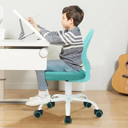 FurnitureR Desk Chair Small Study Chairs Armless for Child Kids Teens, Swivel Rolling Lightweight Task Chair with Wheels and Mesh Padded Cushion, Turquoise