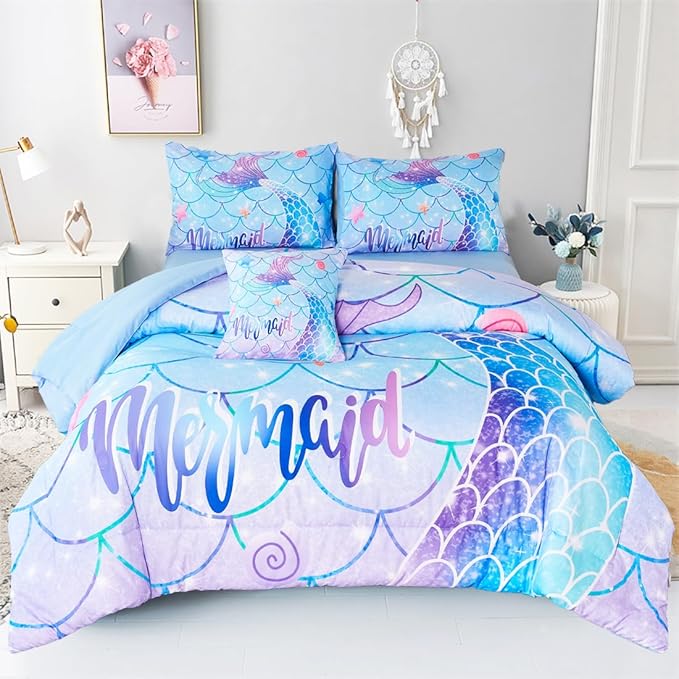 URBONUR 6 Piece Mermaid Tail Comforter Set Full Size, Mermaid Fish Scale Bedding Set for Girls Ombre Purple Blue Sparkle Comforter with Sheets Set Soft All Season Room Decor Bed Set