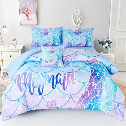 URBONUR 6 Piece Mermaid Tail Comforter Set Full Size, Mermaid Fish Scale Bedding Set for Girls Ombre Purple Blue Sparkle Comforter with Sheets Set Soft All Season Room Decor Bed Set