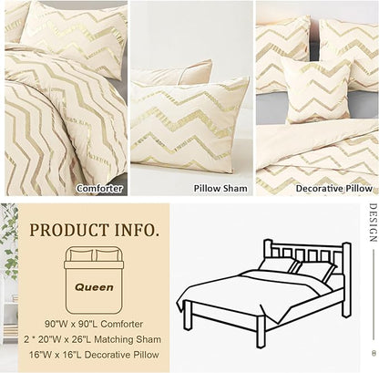 Cream Comforter Set Queen Size Metallic Gold Bedding Set All Season Lightweight Microfiber Comforter for Girls, 4 Piece (2 Pillow Shams + 1 Decorative Pillow Sham)