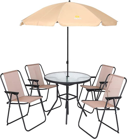Nice C Outdoor Dining Sets, Patio Furniture Set, 8 Piece Set with Umbrella, Garden Outdoor Furniture Table Set with Tilted Removable Umbrella, Glass Table, and 6 Folding Chairs (Beige-6 Piece)