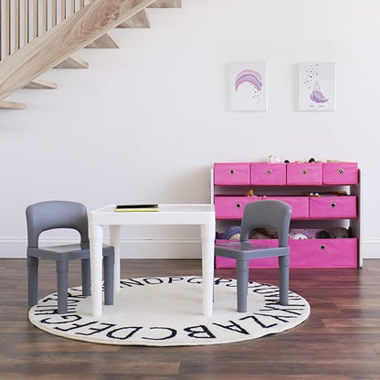 Humble Crew Kids Toy Organizer with 9 Collapsible Fabric Storage, White Wood and Pink Bins