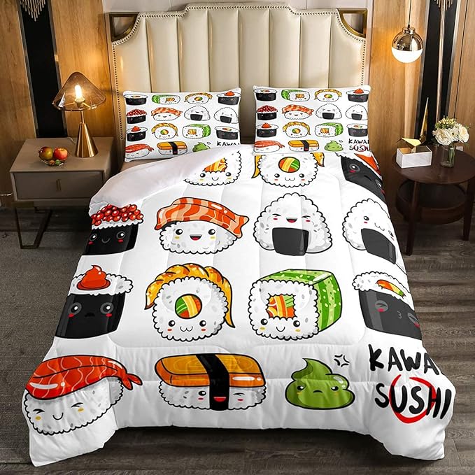 Erosebridal Sushi Pattern Comforter Set Queen, Japanese Style Down Comforter, Food Theme Quilted Duvet for Kids Boys Girls Teens, Cute Cartoon Japanese Sushi Quilt Set Room Decorative