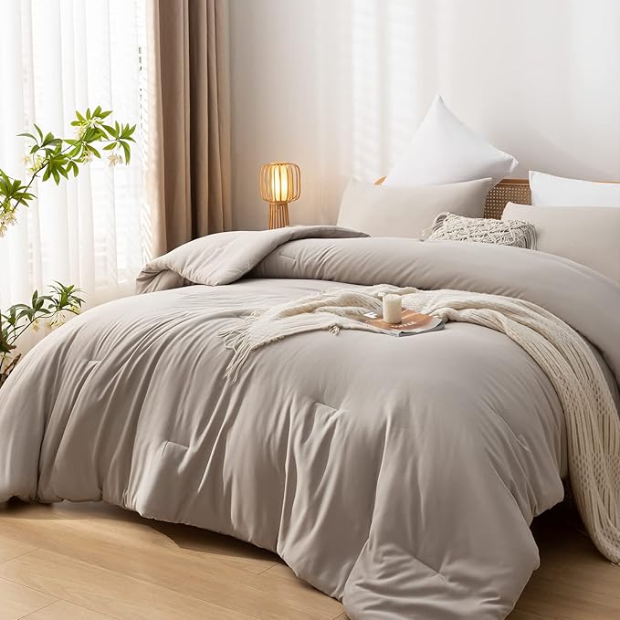 Twin Size Comforter Sets Solid Color 2PCS Boho Beige Bed Comforter Set Tannish Grey Soft Lightweight Microfiber Kids Bedding Set for All Season (1 Comforter, 1 Pillowcase)