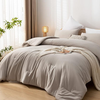 Twin Size Comforter Sets Solid Color 2PCS Boho Beige Bed Comforter Set Tannish Grey Soft Lightweight Microfiber Kids Bedding Set for All Season (1 Comforter, 1 Pillowcase)