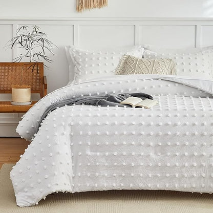 7 Pieces Tufted Dots Bed in a Bag King Comforter Set with Sheets White , Soft and Embroidery Shabby Chic Boho Comforters, Solid Color with Pom Pom Design, Jacquard Tufts Bedding Set for All Season
