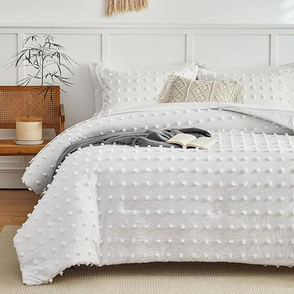 6 Pieces Tufted Dots Bed in a Bag Twin Comforter Set with Sheets White , Soft and Embroidery Shabby Chic Boho Bohemian Comforters, Solid Color with Pom Pom Design, Jacquard Tufts Bedding Set for Kids