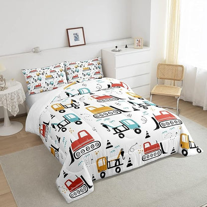 Boys Cartoon Car Comforter Set, Kids Construction Vehicles Comforter for Kids Children Cartoon Truck Bedding Set Cute Cars Teal Red Yellow Quilt Set Bedroom Collection 3Pcs Full Size