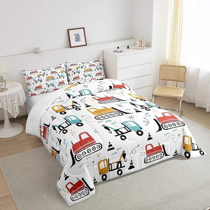 Boys Cartoon Car Comforter Set, Kids Construction Vehicles Comforter for Kids Cartoon Truck Bedding Set Cute Cars Teal Red Yellow Quilt Collection 2Pcs Twin Size Boys