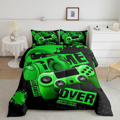Gamer Comforter Sets for Boys Teens Gaming Comforter Full Size Kids Youth Video Game Comforter Set Green Black Room Decor Headphone Gamepad Bedding Set Reversible Quilt Set for All Season 3Pcs