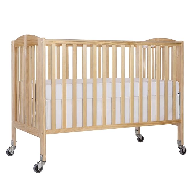 Folding Full Size Convenience Crib In Natural, Two Adjustable Mattress Height Positions, Comes With Heavy Duty Locking Wheels, Flat Folding