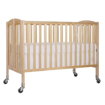 Folding Full Size Convenience Crib In Natural, Two Adjustable Mattress Height Positions, Comes With Heavy Duty Locking Wheels, Flat Folding