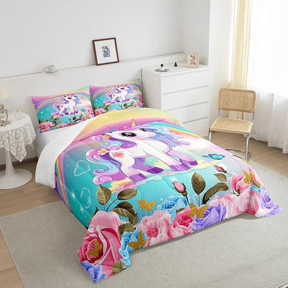 Cartoon Unicorn Kids Comforter Set King Size,Roses Flowers Butterfly Princess Bedding Set,Girls Women Room Decor,Rainbow Unicorn Cute Down Comforter,Pink Blue Romantic Duvet Insert,2 Pillowcases