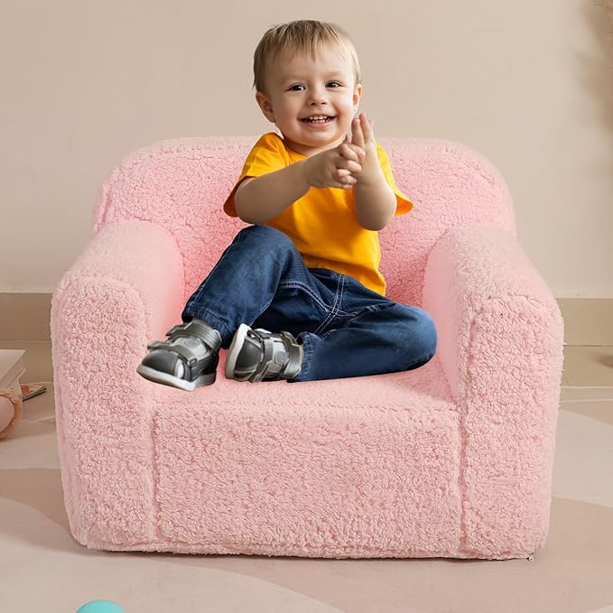 Kids Snuggly-Soft Sherpa Chair, Cuddly Toddler Foam Chair for Boys and Girls, Pink