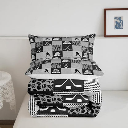 Ice Hockey Comforter Sets For Boys King Black White Grey Winter Sports Games Down Comforter Kids Teen Room Decor,Hockey Pucks Player Bedding Set Geometric Checkered Stripes Quilt Duvet 2 Pillow Cases