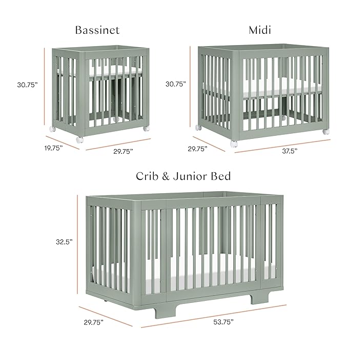 Babyletto Yuzu Convertible All-Stages Bassinet, Midi, Full-Size Crib in Light Sage, Greenguard Gold Certified, Portable & Adjustable with Conversion Kits and Pads Included