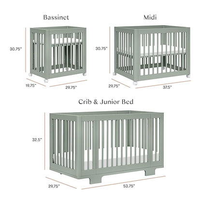 Babyletto Yuzu Convertible All-Stages Bassinet, Midi, Full-Size Crib in Light Sage, Greenguard Gold Certified, Portable & Adjustable with Conversion Kits and Pads Included