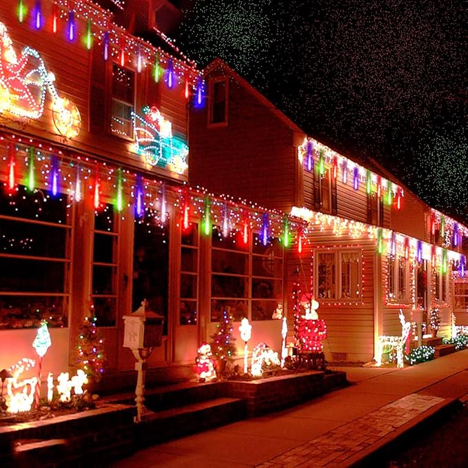 Kwaiffeo Icicle Christmas Lights Outdoor, Meteor Shower Lights 12 inch 8 Tube Cascading Lights for Xmas Tree Decor Wedding Party, Christmas Outdoor Decorations, UL Plug Multi Colored
