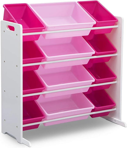 Delta Children Kids Toy Storage Organizer with 12 Plastic Bins - Greenguard Gold Certified, White/Pink