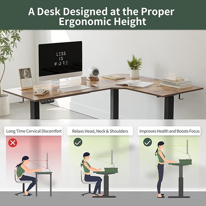 FEZIBO 75 Inches, Supports over 300mlbs, L Shaped Standing Desk Reversible, Electric Height Adjustable Corner Stand up Desk, Sit Stand Desk Computer Workstation, Black Frame/Rustic Brown Top