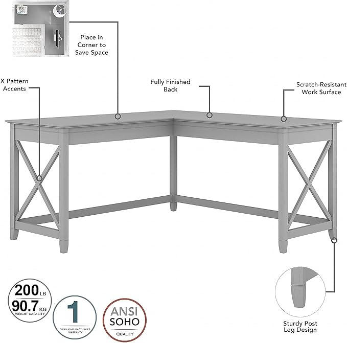 Bush Furniture Key West 60W L Shaped Desk with 2 Drawer Mobile File Cabinet in Cape Cod Gray
