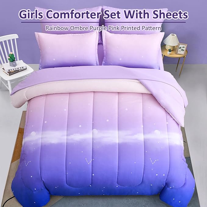 Dinjoy Girls Comforter Set Twin XL Size Rainbow Ombre Purple Lavender Pink Bedding Set Gradient 6 Pieces Bed in A Bag for Kids Teen Girl Women(1 Comforter, 1 Flat Sheet, 1 Fitted Sheet)