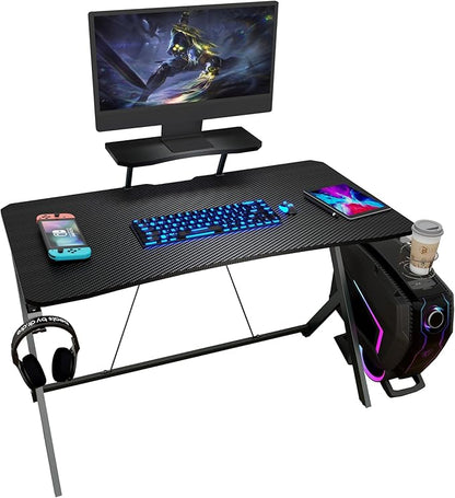 45IN Gaming Desk Gamer Table Carbon Fiber Surface Computer Table Gamer Desk with Monitor Shelf Office Home Study Desk Work PC Table Steel Legs Corner Desk Black