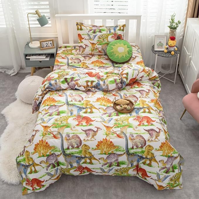 Feelyou Kids Dinosaur Comforter Set King Size Boys Girls Watercolor Cute Dino Bedding Set Ultra Soft Lightweight Jungle Animal Pattern Comforter for Children (1 Comforter + 2 Pillowcases, King)
