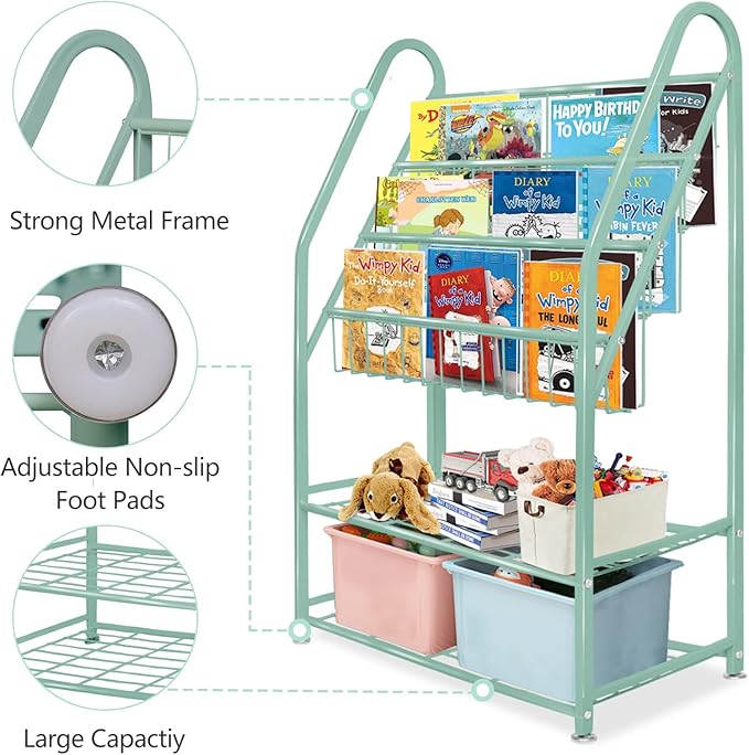 aboxoo Metal Kids Bookshelf Green Bookcase Freestanding for Children Room 24 in Toy Organizer Green Stable Bookcase Bookstore Library Book Unit Storage