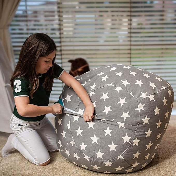 Wekapo Stuffed Animal Storage Bean Bag Chair Cover for Kids | Stuffable Zipper Beanbag for Organizing Children Plush Toys Large Premium Cotton Canvas (Grey Star, XX-Large)