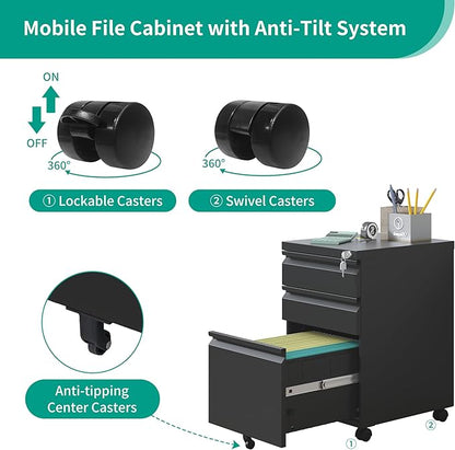 3 Drawer Mobile File Cabinet with Lock, Under Desk Metal Filing Cabinet, Fully Assembled Rolling File Cabinet with Wheels for Home Office Letters/Legal/A4 (Black)