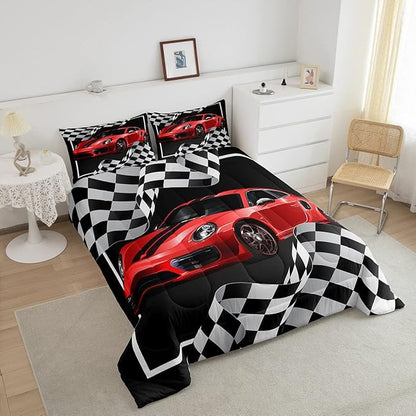 Boys Race Car Comforter Set Full Size,Black White Checkered Geometric Bedding Set 3pcs for Kids Teens Boys Men,Extreme Sport Games Race Flag Quilt Set,Cartoon Fashion Duvet Insert,2 Pillowcases