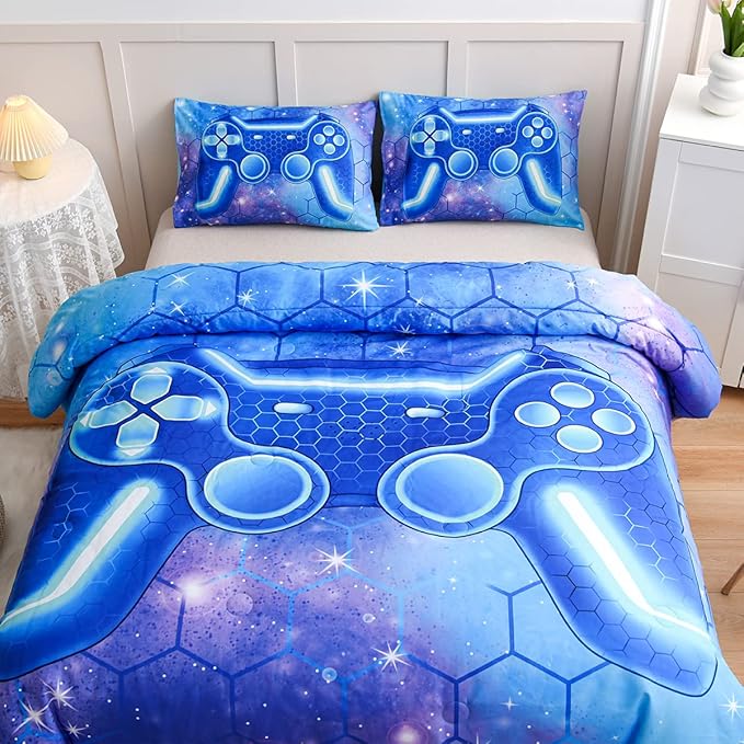NTBED Game Console Comforter Set for Boys Girls Kids 3D Gaming Geometric Lightweight Microfiber Bedding Sets (Blue Purple, Queen)
