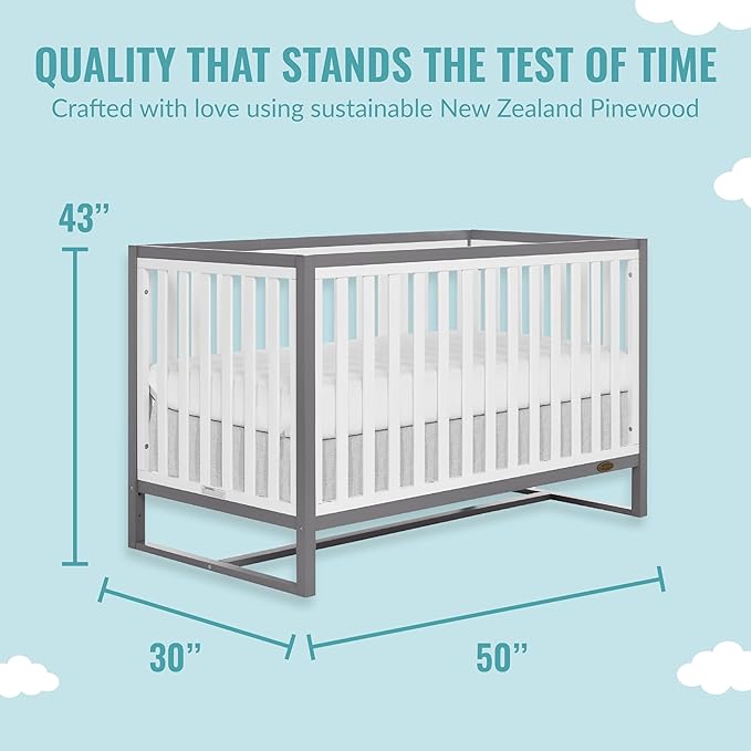 Arlo 5-in-1 Convertible Crib in Steel Grey and White, JPMA Certified, 3 Mattress Height Settings, Non-Toxic Finish, Made of Sustainable and Sturdy Pinewood