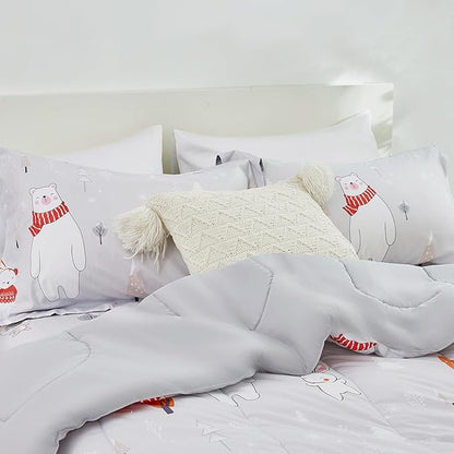 Kids Christmas Comforter Set Full for Boys Girls, Cute Reversible Quilted Bear Snowmen Reindeer Bunny Printed Bedding Set with Pillow Sham, Lightweight Soft Breathable Washable Bed Set 3 Piece