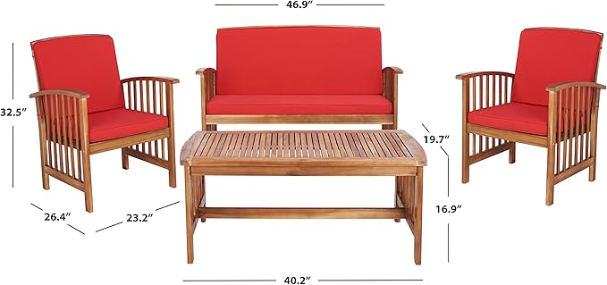 SAFAVIEH Outdoor Collection Rocklin Natural/ Red Cushion 4-Piece Conversation Patio Set