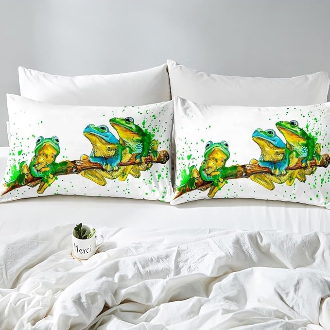 Erosebridal Cartoon Frog Comforter Set King Size, Green Tie Dye Down Comforter, Tree Branch Quilted Duvet,Animal Soft Duvet Insert for Kid Adult, White Room Decor Bedding Comforter Set