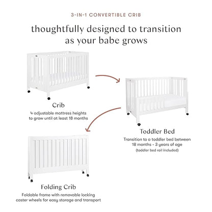 Babyletto Maki Full-Size 2-in-1 Portable Folding Crib with Toddler Bed Conversion Kit in White, Greenguard Gold Certified