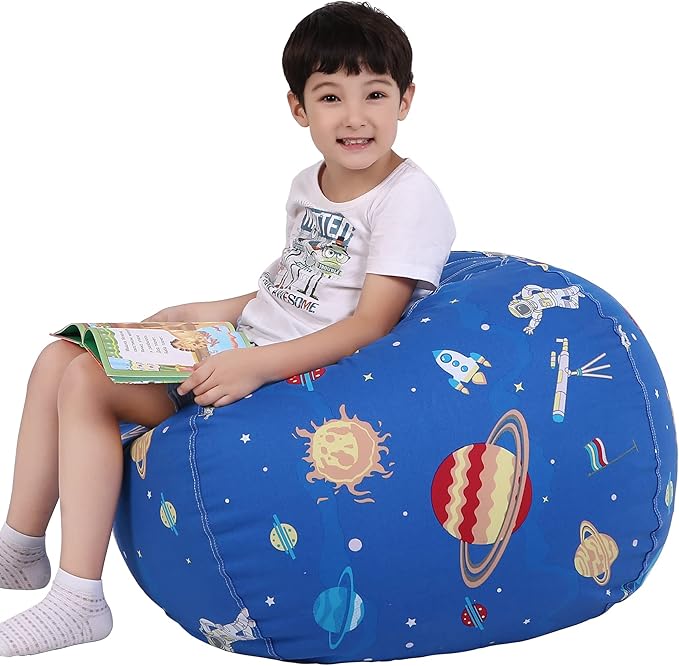 Lukeight Stuffed Animal Storage Bean Bag Chair Cover for Kids, Zipper Beanbag Chair Cover for Organizing Toddler & Kids' Rooms Plush Toys (Outer Space, X-Large)